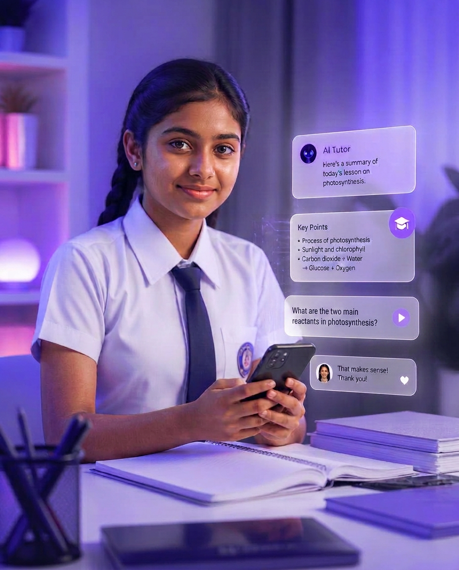 Sri Lankan O/L student studying with the SL Mentor AI personal AI tutor on a smartphone